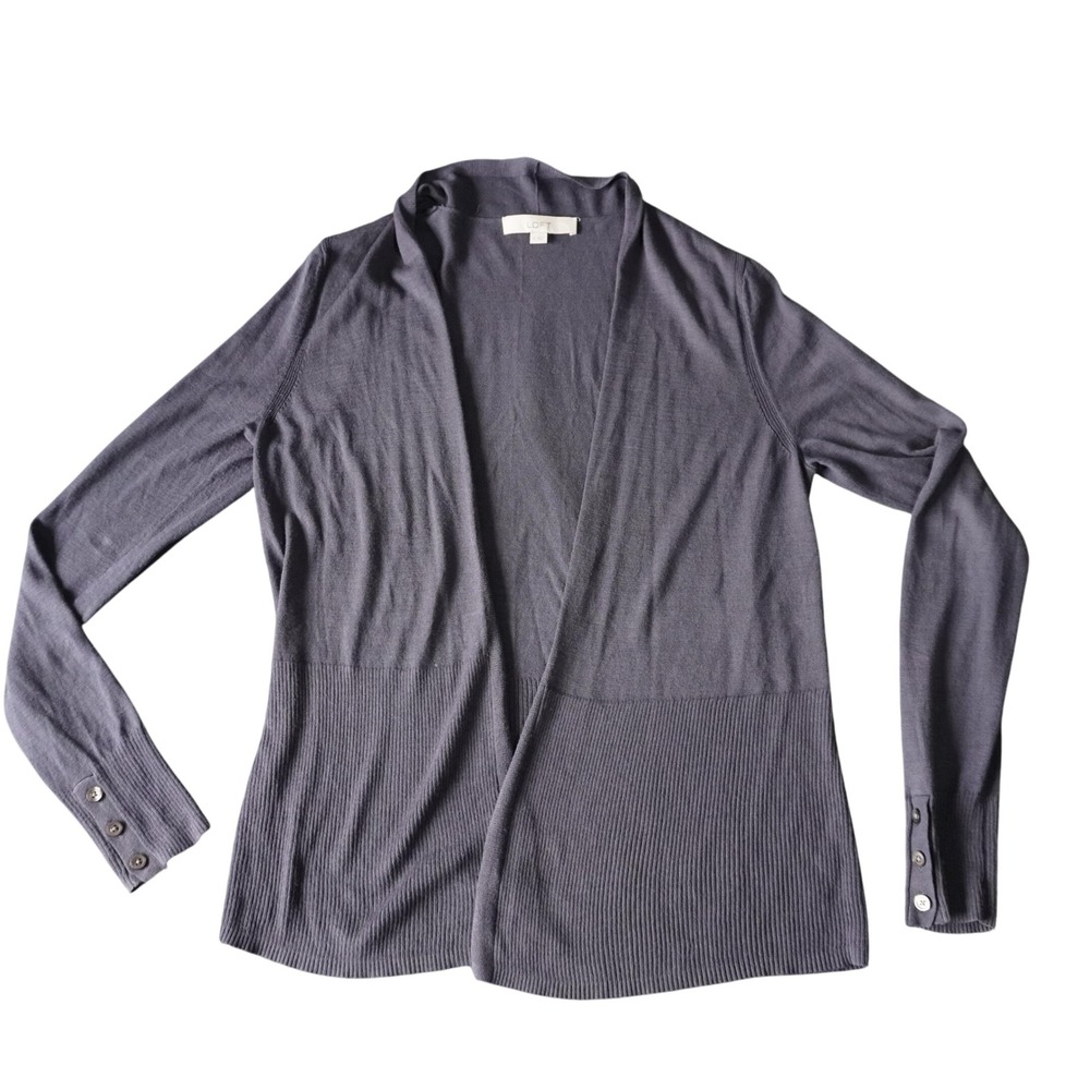 LOFT Gray Cardigan Small Open Front Ribbed Knit‎ Long Sleeve Button Cuff Sweater